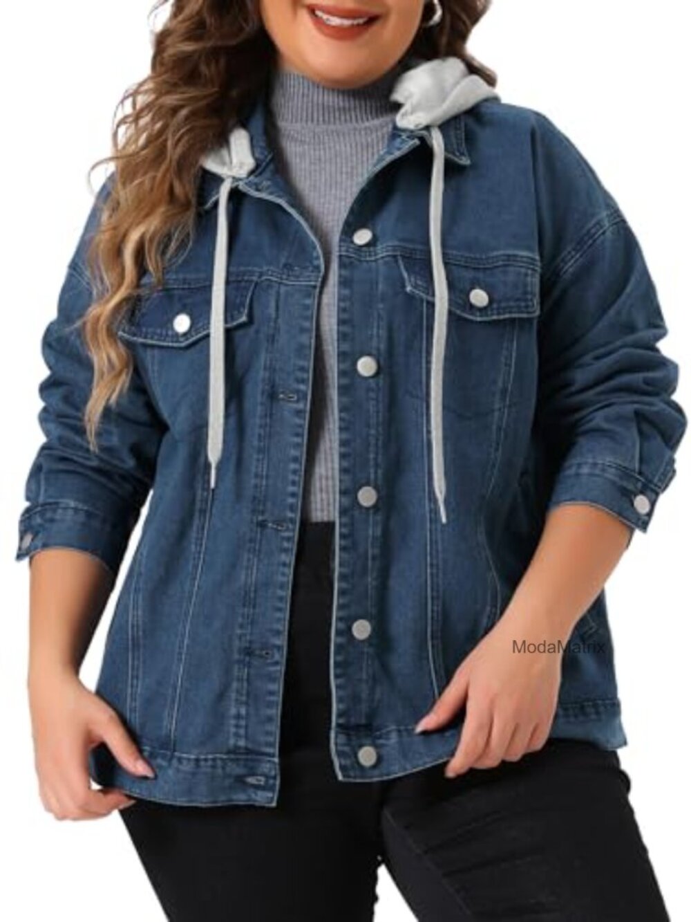 Plus Size Denim Jacket Detachable Hood Button Down Jean Shacket